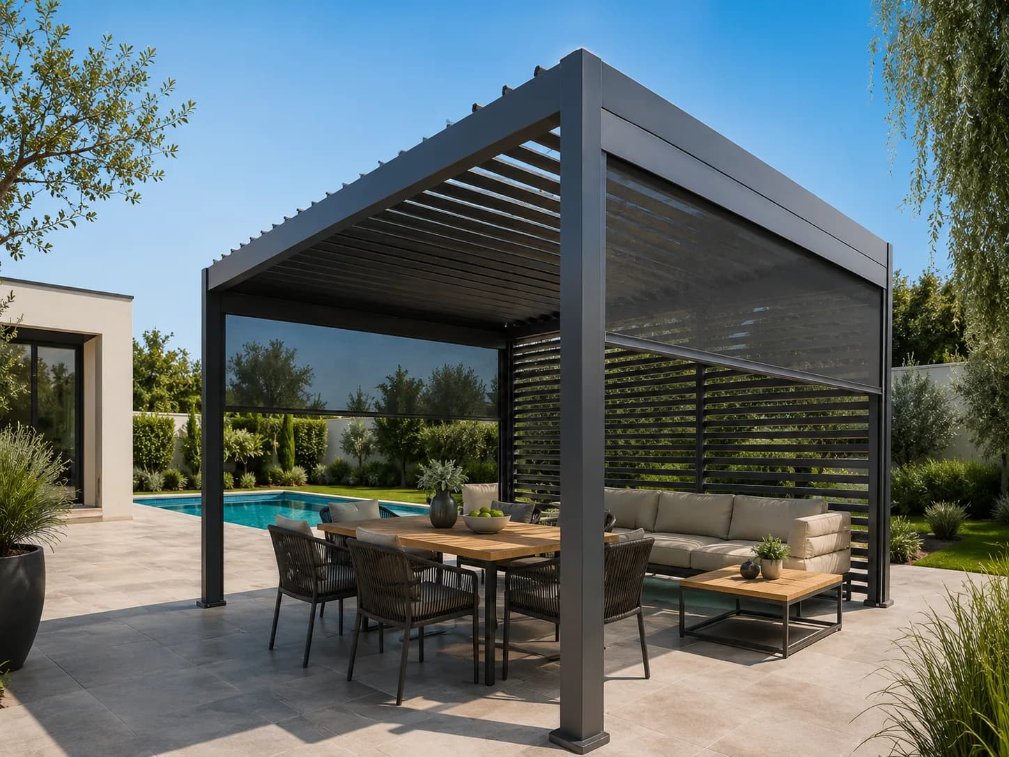 Jopergola Signature — pergola bioclimatique à lames orientables installée au Luxembourg